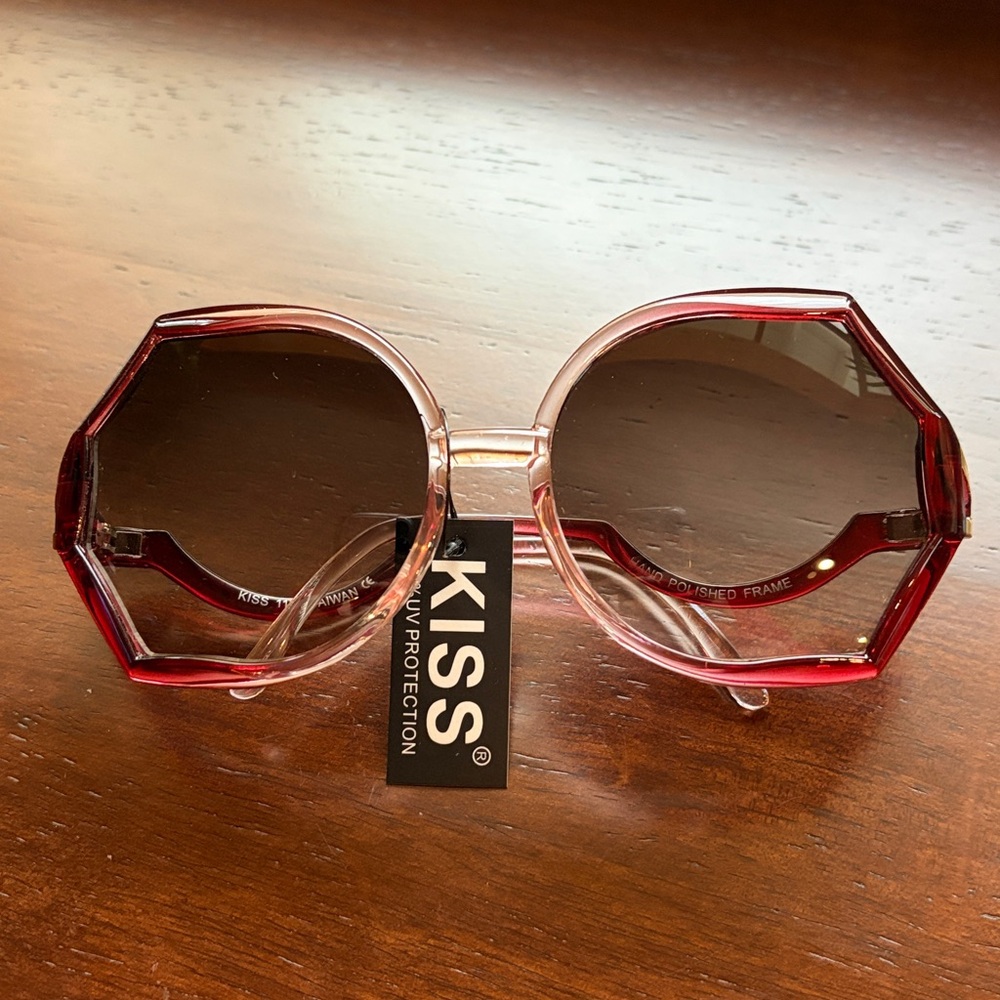 KISS Oversized Burgundy Ombre Geometric Hexagon Sunglasses Retro 70s Style
